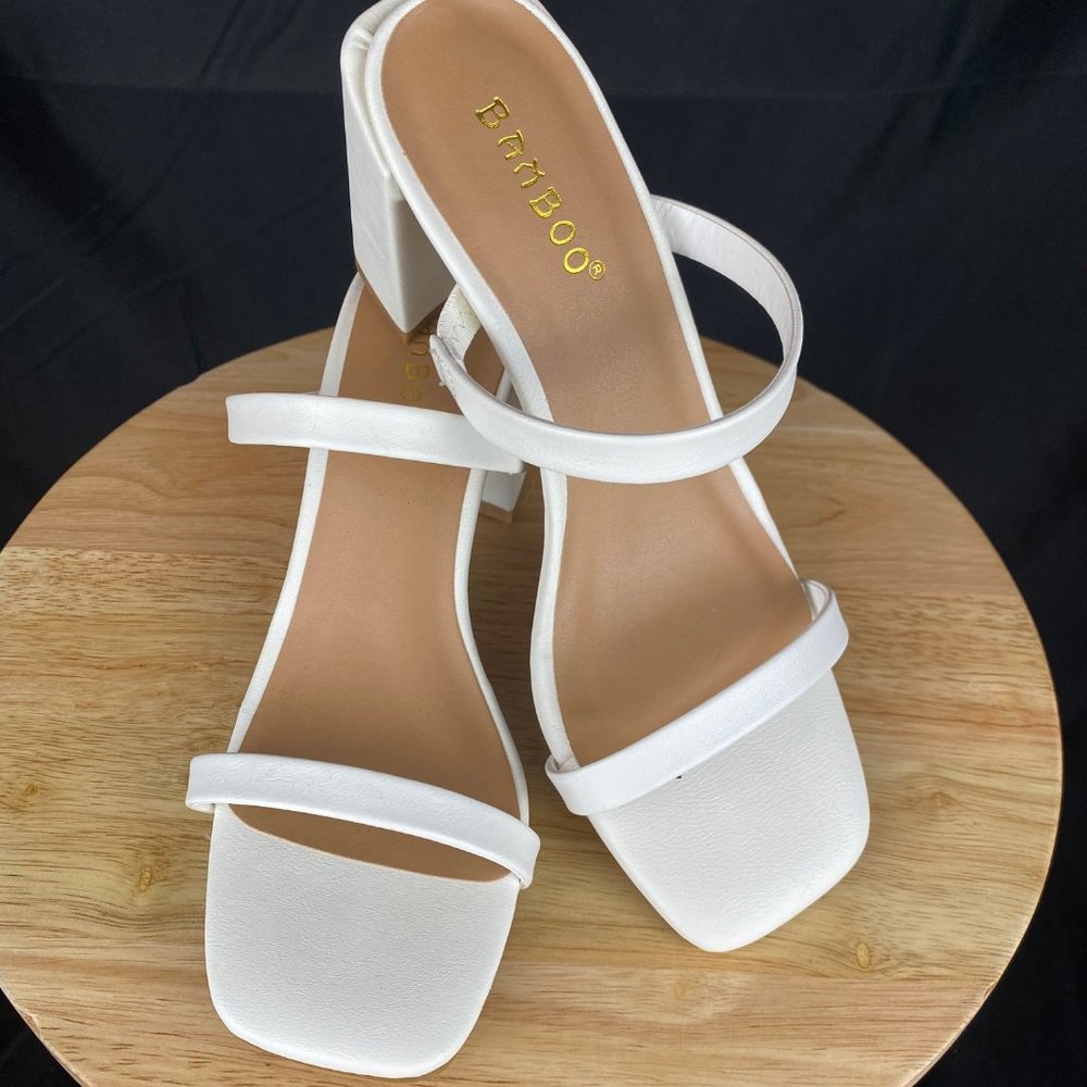 Bamboo White Strappy, Square Toe, Block Heel, Size 6
